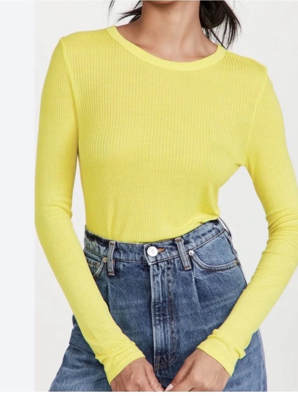 Enza Costa Ribbed Long-Sleeve Crewneck Top - Lemon Yellow